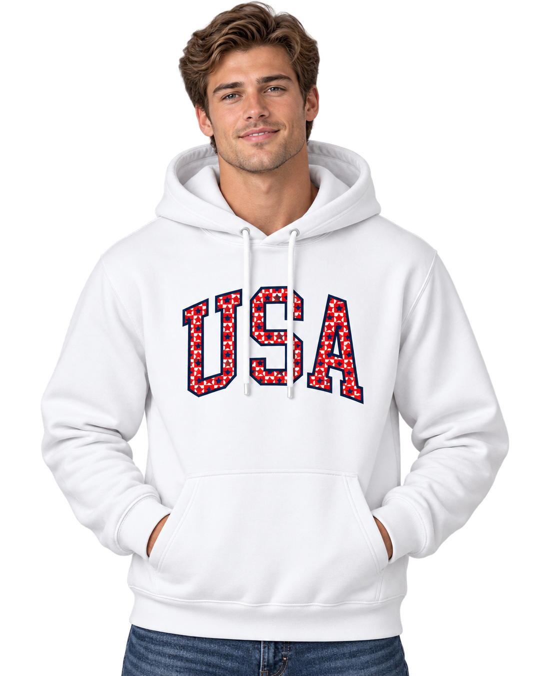Buoy4 USA Embroidered Plaid Stars applique White Hoodie